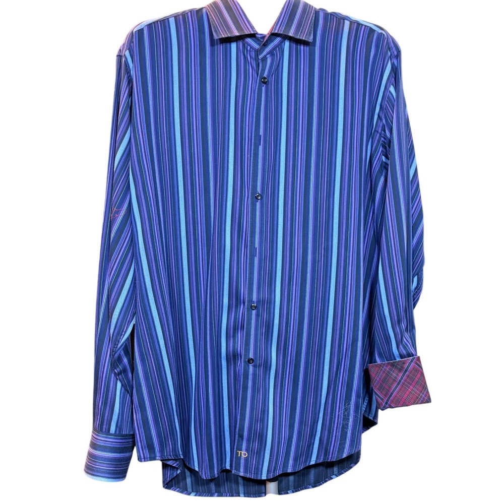 Thomas Dean Mens XL Blue Purple Striped Long Sleeve Button Down Cotton Shirt